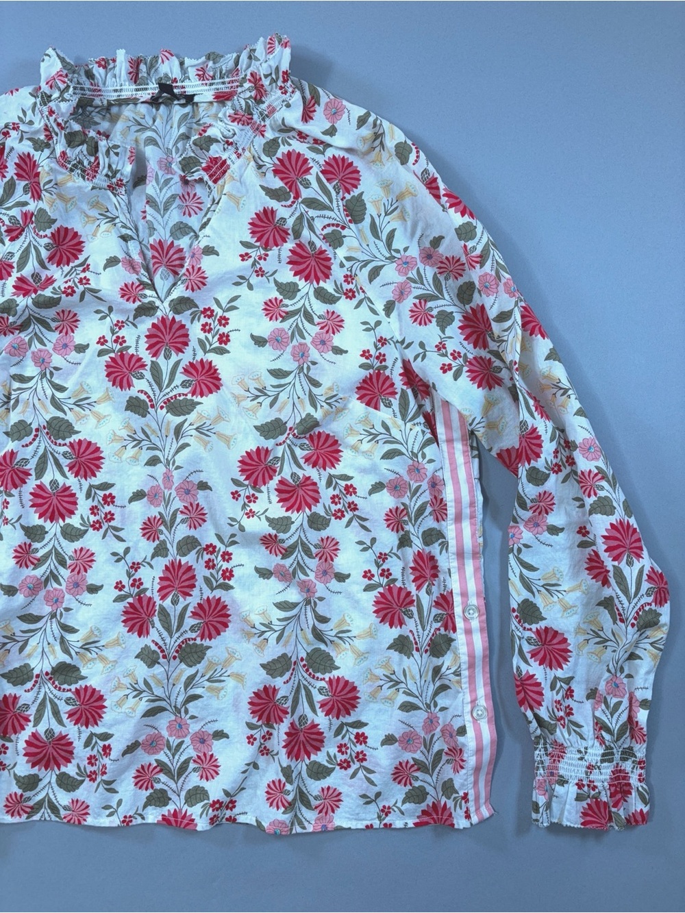 Talbots Floral Cotton Ruffle Neck Blouse Smocked Collar, Cuffs and Side Buttons
